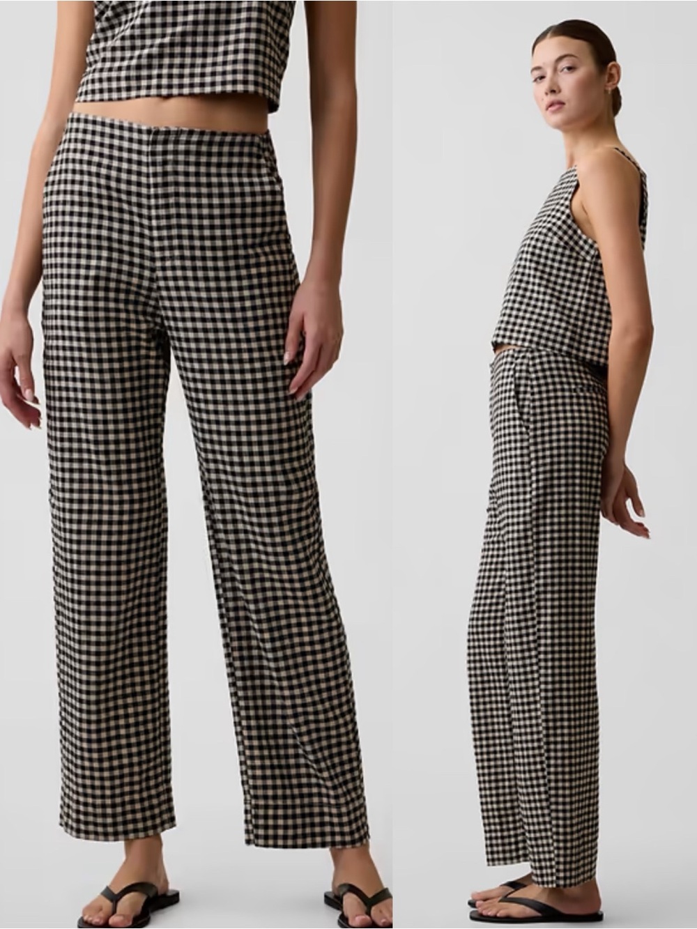 Gap High Rise Linen-Blend Straight Crop Pants Black Gingham Women’s 8 Tall